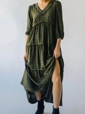 Piper & Scoot -The Wasilla Swiss Dot V-Neck Maxi Dress in Deep Olive Green